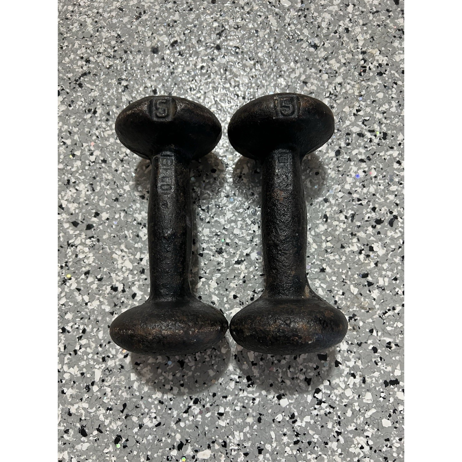 Vintage Cast Iron 5lb Dumbbell Pair Black Hand Weights Retro Gym